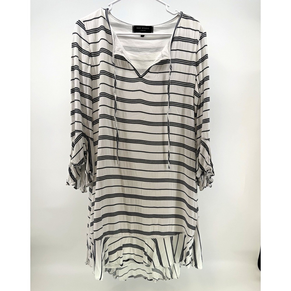 Max Studio London womens S striped tiered dress boho coastal flowy bell sleeve